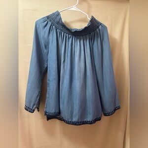 Dex Chambray Blue Smocked Neck Tencel Peasant Top | Small Off The Shoulder